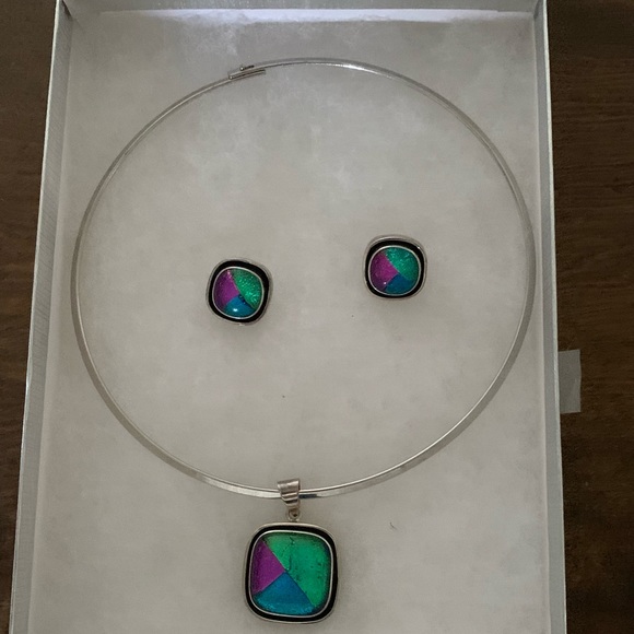 925 MEXICO STERLING S.CHOKER STONE PENDANT & EARRINGS - Picture 6 of 15